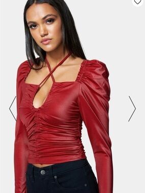 bebe Red Satin Ruched puff sleeve Long-Sleeve Top with Cross-Strap Neck
